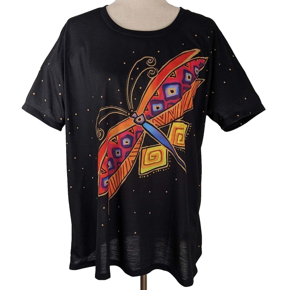 Laurel Burch Womens XXL Black Short Sleeve Butterfly Graphic T Shirt